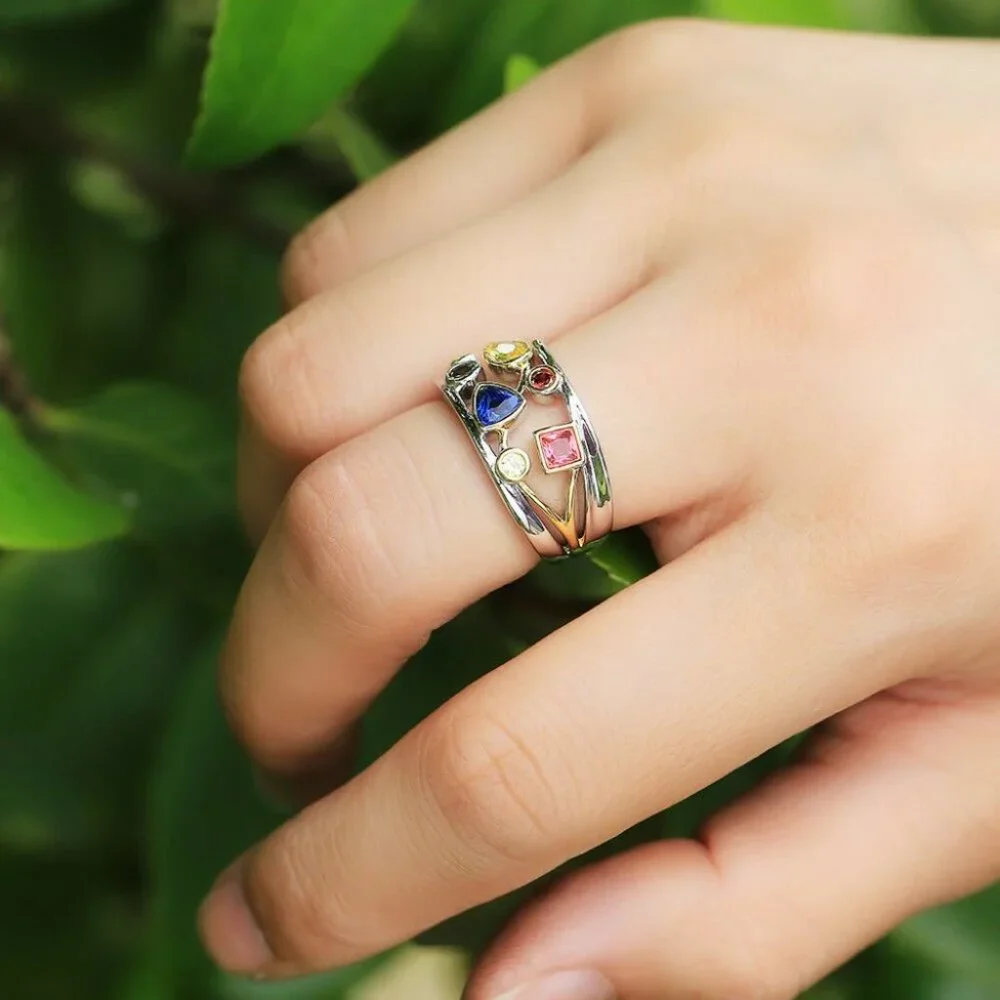 New Beautiful 925 Silver Multi Precious Stone Ring